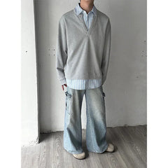 Threebooy Autumn American retro loose fitting fake two-piece long sleeved sweatshirt men's casual patchwork striped top