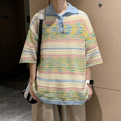 Threebooy New Trend Men Fashion Striped Polo Shirt Light Luxury Hollow Out Knitted T-shirt Korean Style Summer Casual Short Sleeve Tops