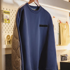 Threebooy Retro Colour Collision Splicing Round Neck Sweatshirts Men's Loose Quilted Warm Pullover Autumn Winter Navy Blue Top