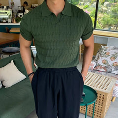 Threebooy Summer Clothing Men's Luxury Knitted Jacquard Skinny Polo Shirt Korean Popular Breathable Leisure V Neck Short Sleeve Knitwear