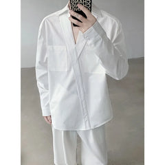 Threebooy Korean Stylish V-neck Chic Button Blouses Front Pocket Harajuku Men's Solid Long Sleeve Turn-down Collar Shirt White/Black