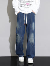 Threebooy Men's Straight Baggy Jeans 380g/m² Heavy Fabric Elastic Waist Drawstring Wide Leg Denim Pants Street Y2K Long Jeans 3 Pockets