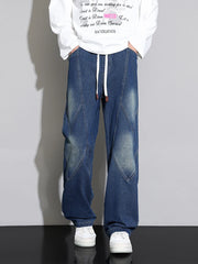 Threebooy Men's Straight Baggy Jeans 380g/m² Heavy Fabric Elastic Waist Drawstring Wide Leg Denim Pants Street Y2K Long Jeans 3 Pockets