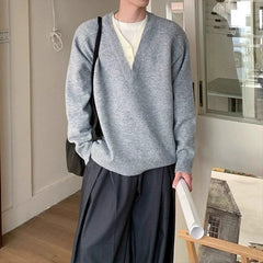 Threebooy Men's Color-blocking Patchwork V-neck Sweater Light Luxury Knitted Long Sleeve Pullover Autumn Korean Trendy Male Clothing M-2XL