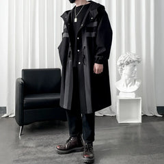 Threebooy Autumn Men Trench Coat Patchwork Color Medium Long Windbreaker Korean Fashion Covered Button Male Hooded Jacket