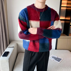 Threebooy Clothing Men Mink Cashmere Plaid Sweater/Male Slim Fit Fashion Casual Pullover/Man Round Neck Korean Harajuku Sweaters