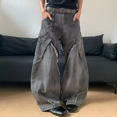 Threebooy Autumn/Winter Korean Vintage Splicing Hairy Zipper Micro Horn Jeans Men's Loose Straight Leg Pants Fashion High Street Jeans