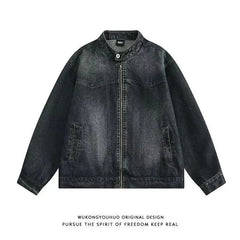 Threebooy American Retro Washing Work Clothes Denim Jacket Spring Autumn Simple Street Casual Trend Niche Stand Collar Jacket Aesthetic