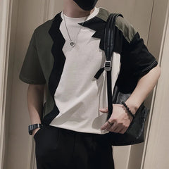 Threebooy Korean Fashion Spliced Round Neck T-shirt Summer Short Sleeve Hollow Casual T-shirt Streetwear Harajuku Hip Hop Tee Tops