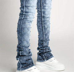 Threebooy High-End New Model Jeans with Rhinestone Embroidery, Trendy Slim Fit, Slightly Flared, Korean Style, Heavy-Duty Embroidery, Trendy