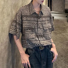 Threebooy Mens Shirt Ethnic Geometric Totem Casual Shirt Summer Street Trend Retro Niche Hawaiian Short-Sleeve Top Men'S Clothing 2024