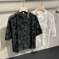 Threebooy Chinese Style Men's Ice Silk Short-sleeved Shirt Men's Summer Ice Silk Fashion Trend Button Tang Suit Hanfu Thin Jacket Urban