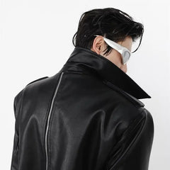 Threebooy Niche Pu Leather Coat Metal Zipper Double-layer Splicing Design Windbreaker Over Knee Jacket Men High Street Top Punk Streetwear