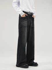 Threebooy New Men's Distressed Baggy Straight Jeans Fashion Raw Edge Wide Leg Trousers High Street Korean Denim Pants Male Trendy Brand
