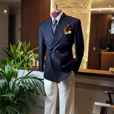 Threebooy Bespoke Tailored Men Navy Blue Pinstripe Suit Double Breasted Jacket Pants Full Se Formal Business Wedding Groom Attire Outfit