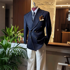 Threebooy Bespoke Tailored Men Navy Blue Pinstripe Suit Double Breasted Jacket Pants Full Se Formal Business Wedding Groom Attire Outfit