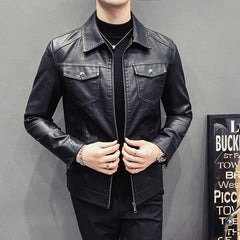 Threebooy Leather Jacket Men's Zipper Cardigan Jacket Pocket Decoration Waterproof Motorcycle Jacket Men Leather Jacket Faux Fur Coat
