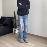 Threebooy American Style Vintage Light Blue Wash Distressed Jeans Men's Clean Fit Mid Waist Hip Hop Slim Fit Denim Pants