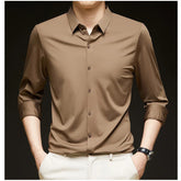 Threebooy Men's Social Shirt, Solid Color Business Slim Fit Formal Long Sleeved Shirt, High-quality Stretch Seamless Dress, Workwear Top