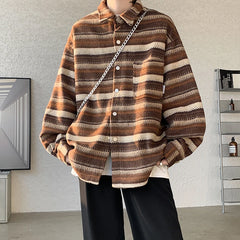 Threebooy Fashion Striped Contrast Color Bomber Jackets Coats Men Long Sleeve Turn-down Collar Jacket Autumn Streetwear Black/Coffee