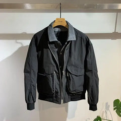 Threebooy Japanese Men's Spliced Jacket Spring Autumn Korean Casual Big Pockets Coat Unisex Workwear Denim Fake Two-piece Men's Lapel Top