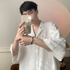 Threebooy Casual Simple Men's Solid Pleated Blouse Lapel Short Sleeve Button Streetwear Male Loose Leisure Shirts Men Clothing