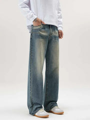 Threebooy Men's Fashion Design Jeans Baggy Straight Vintage Blue Denim Pants High Street Personality Trendy Brand Streetwear Male Trousers