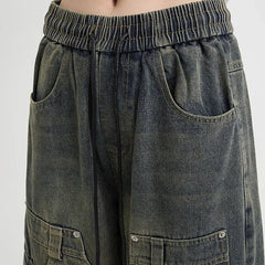Threebooy Korean Style Large Pocket Workwear Jeans Retro Men'S Straight Leg Loose Wide Leg Pants High Street Hooligan Handsome Pants
