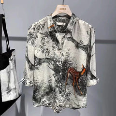 Threebooy Mens Shirt Printed Animal Ink Painting Thin Shirt Summer Men's Short Sleeved Casual Shirt Handsome Blouse Men's Clothing