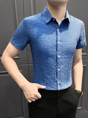 Threebooy Summer Hollow Mesh Short Sleeved Shirts Men Ice Silk Breathable Casual Business Dress Shirt Handsome Versatile Streetwear Shirt