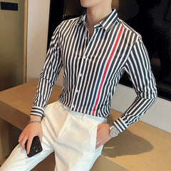 Threebooy Men High Quality Stripe Long Sleeve Solid Color Formal Business Shirt Slim Brand Male Social Turn Down Dress Blouses S-4XL