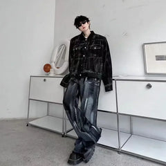 Threebooy Retro Niche High-end Washed Denim Splatter Suit Men's Jacket Long Pants Two-piece Set