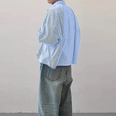 Threebooy New Japanese Trendy Men Shirts Light Luxury Textured Lapel Striped Long Sleeve Cardigan Tops Leisure Premium Loose Blouse M-2XL