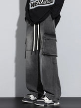 Threebooy New Men's Baggy Straight Cargo Jeans Elastic Waist Vintage Blue Black Smoky gray Denim Pants Fashion High Street Male Trousers