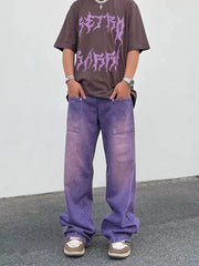 Threebooy Street made coordinates washed purple jeans for men with a unisex style loose fitting bf straight tube fall down