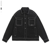 Threebooy Men's Fashion Baggy Denim Jacket Streetwear Large Pocket Contrast Design Oversized Black White Washed Denim Coats Autumn 4XL 5XL