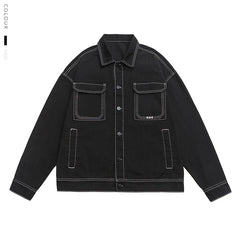 Threebooy Men's Fashion Baggy Denim Jacket Streetwear Large Pocket Contrast Design Oversized Black White Washed Denim Coats Autumn 4XL 5XL