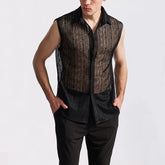 Threebooy Summer Men's Mesh Lace Knit Shirt Streetwear Hollow-Out Sleeveless Dance Perspective Shirts Nightclub Disco Performance Tops