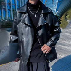 Threebooy Fashion Pu Leather Jacket Men Autumn And Winter New Velvet Warm Lapel Leather Motorcycle Jacket Casual Handsome Y2k Jacket