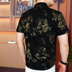 Threebooy Luxury Velvet Printed Short Sleeved Shirt for Men Retro Social Casual Shirt Trendy and Versatile Street Wear Men's Clothing