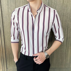 Threebooy Summer New Slim Fit 3/4 Sleeve Men Striped Shirt Korean Fashion Button Up Harajuku Blouse