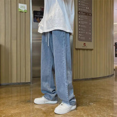 Threebooy Men's Jeans Straight Wide Leg Loose Pants Spring and Autumn Elasticated Waist Vintage Casual Trousers Bottoms Plus Size S-3XL