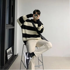 Threebooy Men's Knitted Drooping Striped Sweater Light Luxury Pullover Casual Loose O Neck Solid Color Long Sleeve Korean Popular Knitwear