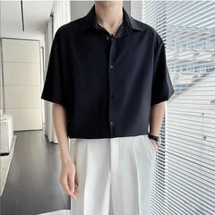 Threebooy Summer Ice Silk Shirt Men's Short-sleeved Trendy Brand Men's Casual High-end Sense Handsome Five-point Sleeve White Shirt