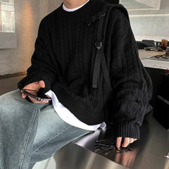 Threebooy Winter Korean Fashion Jacquard Men Sweater Luxury Trendy O Neck Knitted Solid Color Pullover Leisure Long Sleeve Basic Knitwear