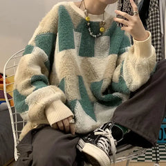 Threebooy Retro Round Neck Sweater Men's Trendy Lazy Style Loose Knit Sweater Couple's Sweater