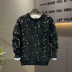 Threebooy Mens Sweater Cotton Hollow Contrast Color Knitted Sweater Fashion Streetwear Trend Youth Casual Long Sleeve Top Men'S Clothing