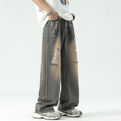 Threebooy American Style High Street Vintage Washed Ripped Jeans Men with Loose Hanging Feel Straight Leg Wide Leg Pants