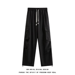 Threebooy Summer Casual Pants Men Retro Pocket Cargo Pants Men Japanese Streetwear Hip-hop Loose Wide Leg Pants Mens Vintage Trousers