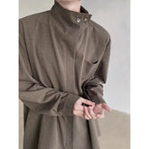 Threebooy French Button Stand Collar Korean Style High Collar Trendy Top Shirt Retro Loose Shirt Casual